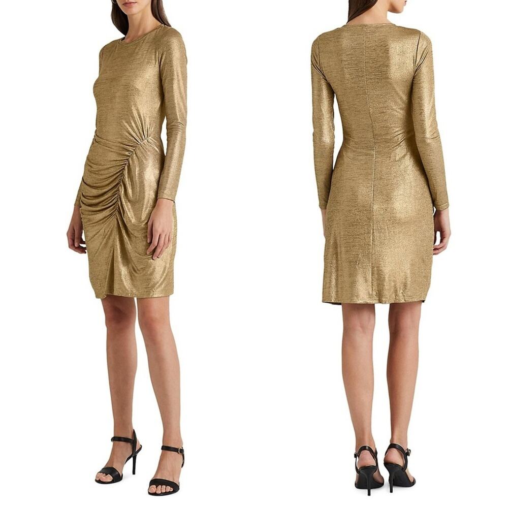 NWT $145 Lauren Ralph Lauren 10 Slim-Fit Foil Shirred Shift Dress